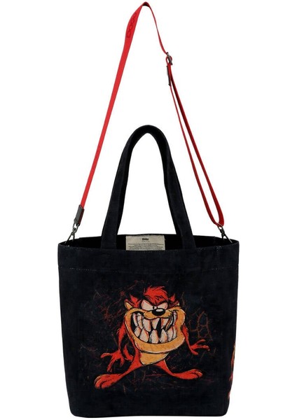 Kadın Vegan Siyah Large Tote Bag - Warner Bros Tasmanian Devil Tasarım