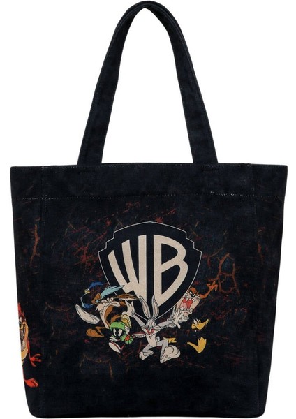 Kadın Vegan Siyah Large Tote Bag - Warner Bros Tasmanian Devil Tasarım