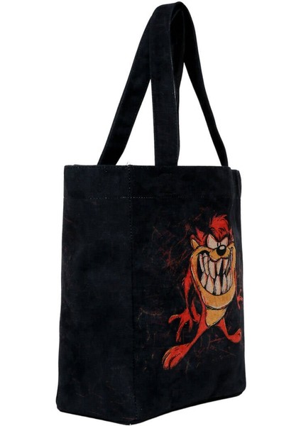 Kadın Vegan Siyah Large Tote Bag - Warner Bros Tasmanian Devil Tasarım