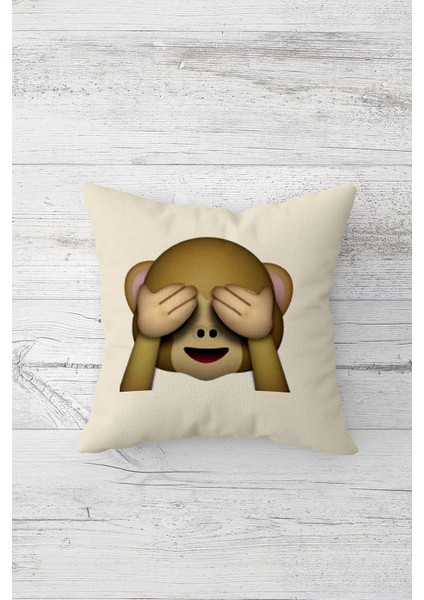 Gözü Kapalı Maymun Emoji Ve Güller Gizli Fermuarlı Kırlent Kılıfı Koltuk Yastık Kılıfı Takım(4adet)