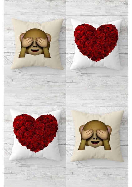 Gözü Kapalı Maymun Emoji Ve Güller Gizli Fermuarlı Kırlent Kılıfı Koltuk Yastık Kılıfı Takım(4adet) fiyatları