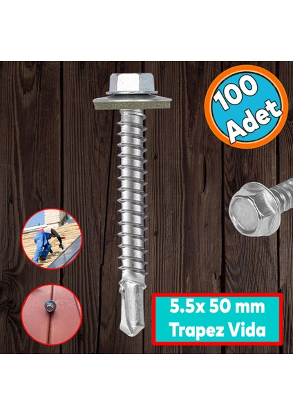 Trapez Çatı Vidası 5.5X50 mm Paket 100 Adet Matkap Uçlu Sac Akıllı Vida Çatı Panel Metal Ağaç Vidası