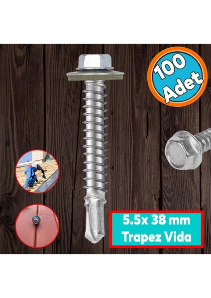 Trapez Çatı Vidası 5.5X38 mm Paket 100 Adet Matkap Uçlu Sac Akıllı Vida Çatı Panel Metal Ağaç Vidası