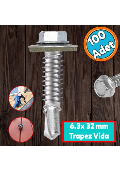 Trapez Çatı Vidası 5.5X32 mm Paket 100 Adet Matkap Uçlu Sac Akıllı Vida Çatı Panel Metal Ağaç Vidası