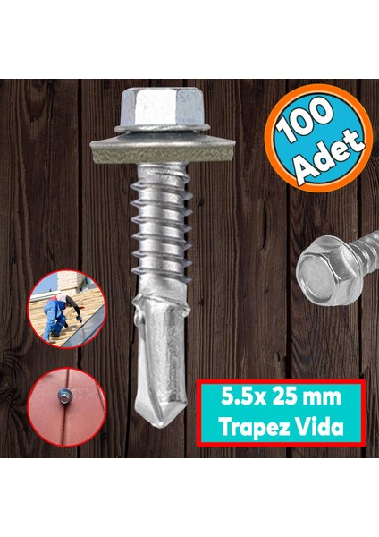 Trapez Çatı Vidası 5.5X25 mm Paket 100 Adet Matkap Uçlu Sac Akıllı Vida Çatı Panel Metal Ağaç Vidası