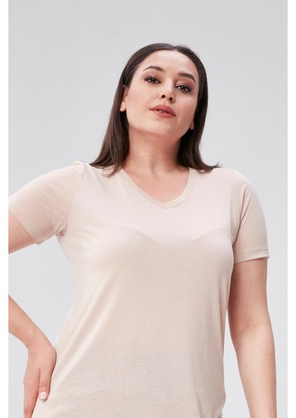 Sea Moda Büyük Beden V Yaka Yırtmaçlı Pamuk Basic Tshirt-Bej