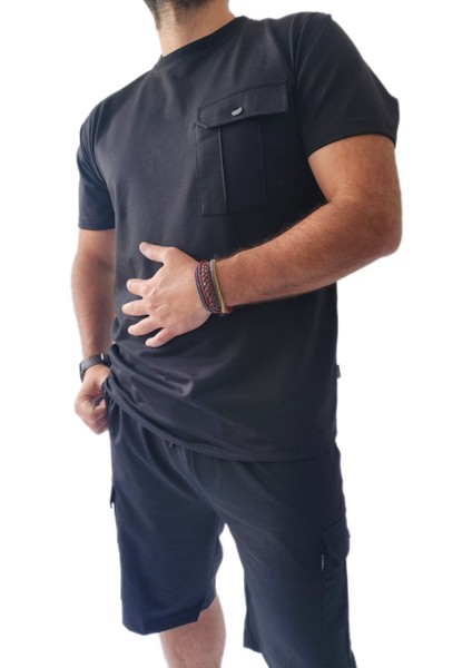 Bisiklet Yaka 2 Iplik Şardonsuz Cepli Şort Tshirt Erkek Takım