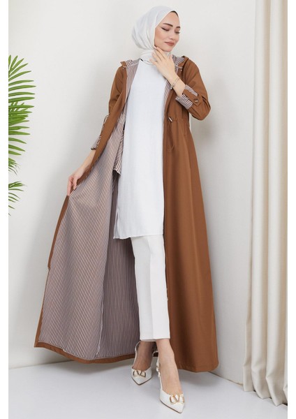 Kapüşonlu Çizgili Uzun Trençkot Taba HM2332 fiyatları