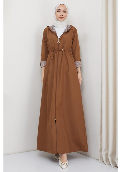 Kapüşonlu Çizgili Uzun Trençkot Taba HM2332 modelleri