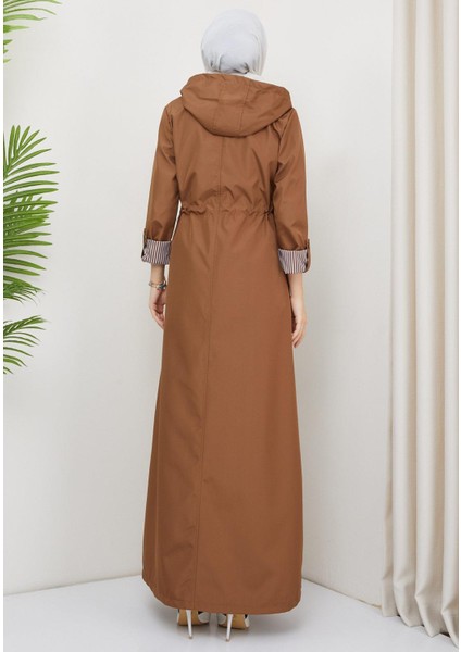 Kapüşonlu Çizgili Uzun Trençkot Taba HM2332 indirimleri