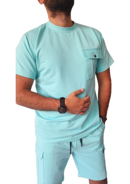 Bisiklet Yaka 2 Iplik Şardonsuz Cepli Şort Tshirt Erkek Takım