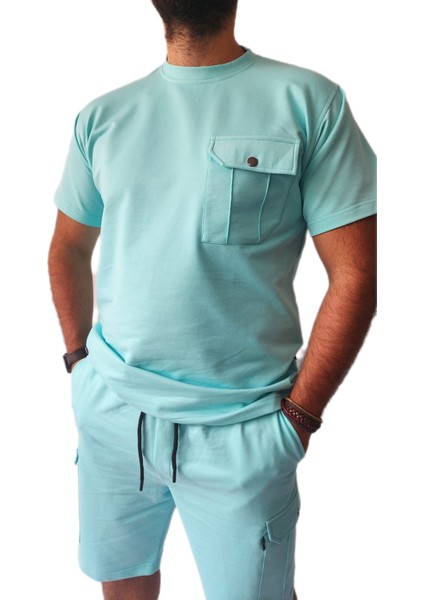 Bisiklet Yaka 2 Iplik Şardonsuz Cepli Şort Tshirt Erkek Takım