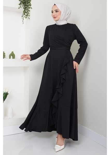 Eteği Fırfırlı Drapeli Elbise Siyah HM2419 fiyatları