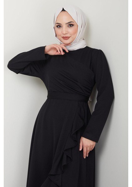 Eteği Fırfırlı Drapeli Elbise Siyah HM2419 modelleri