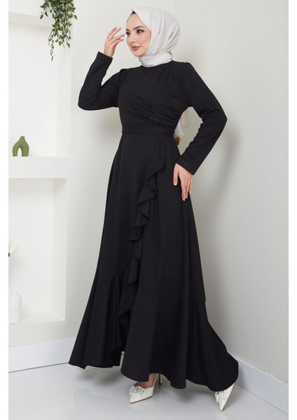 Eteği Fırfırlı Drapeli Elbise Siyah HM2419 fırsatları