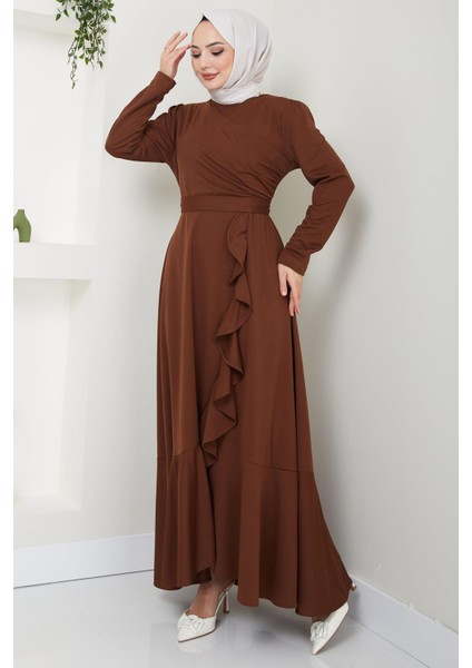 Eteği Fırfırlı Drapeli Elbise Kahverengi HM2419 modelleri