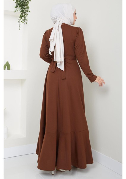 Eteği Fırfırlı Drapeli Elbise Kahverengi HM2419 fırsatları