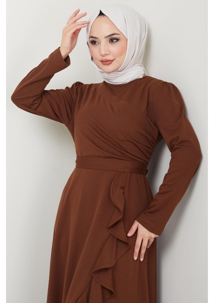 Eteği Fırfırlı Drapeli Elbise Kahverengi HM2419 indirimleri