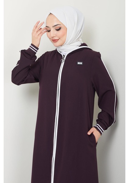 Şeritli Biye Detaylı Ferace Mürdüm HM2151