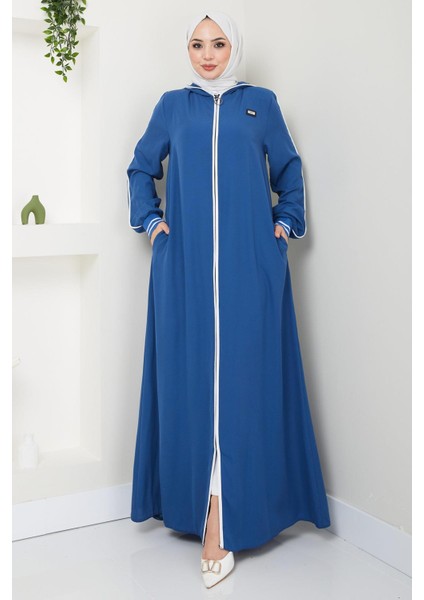 Şeritli Biye Detaylı Ferace Indigo HM2151
