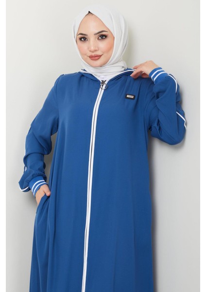 Şeritli Biye Detaylı Ferace Indigo HM2151