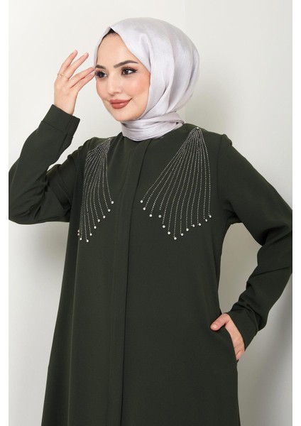 Kristal Taş Işlemeli Ferace Haki HM2423 fırsatları