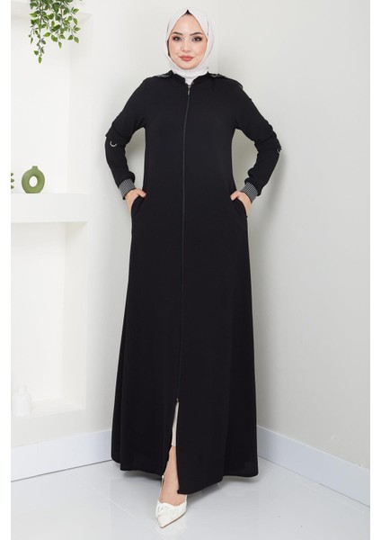 Kapşonlu Ribanalı Ferace Siyah HM2395