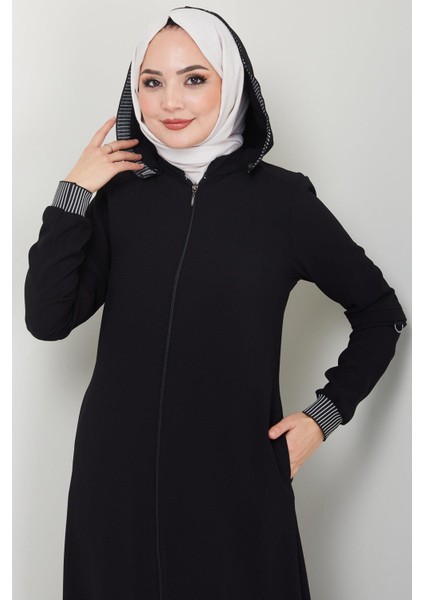 Kapşonlu Ribanalı Ferace Siyah HM2395 modelleri