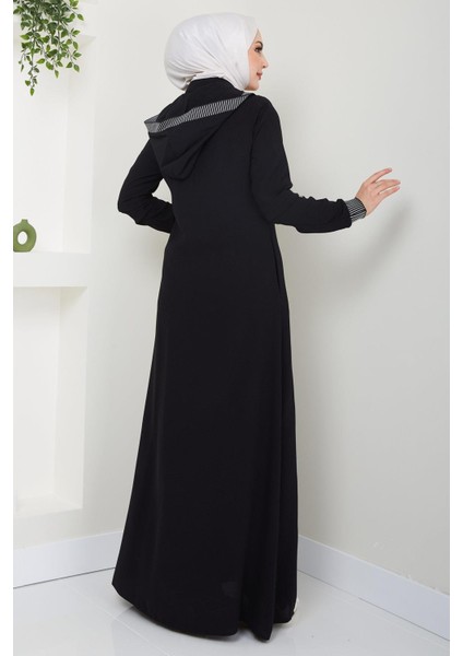 Kapşonlu Ribanalı Ferace Siyah HM2395 indirimleri