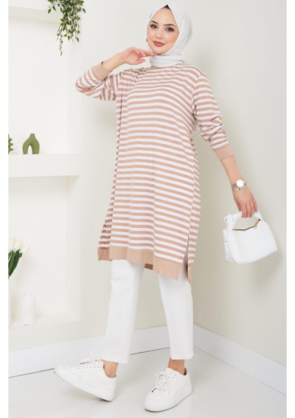 Çizgili Penye Tunik Camel HM2418