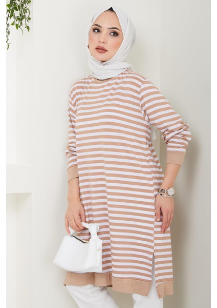 Çizgili Penye Tunik Camel HM2418 modelleri