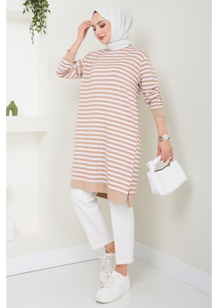 Çizgili Penye Tunik Camel HM2418 fırsatları