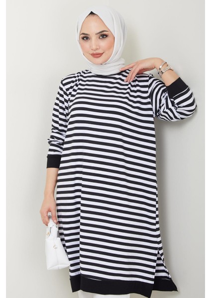 Çizgili Penye Tunik Siyah HM2418
