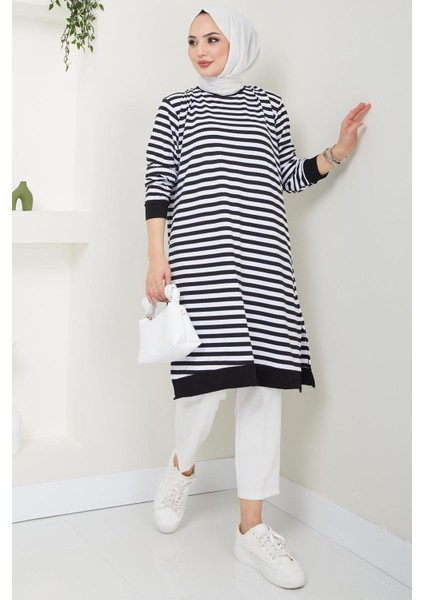 Çizgili Penye Tunik Siyah HM2418