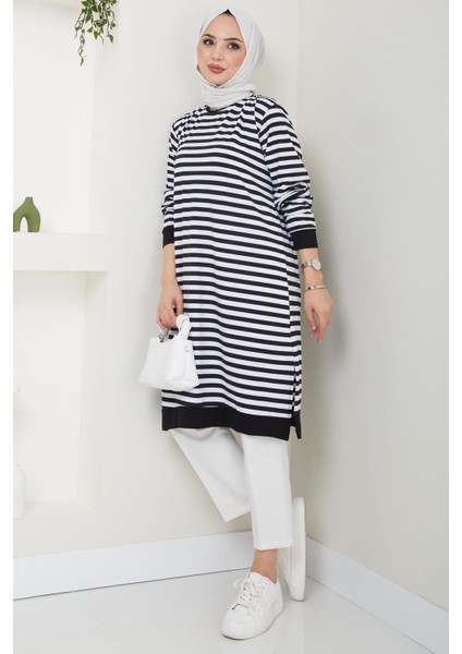 Çizgili Penye Tunik Siyah HM2418