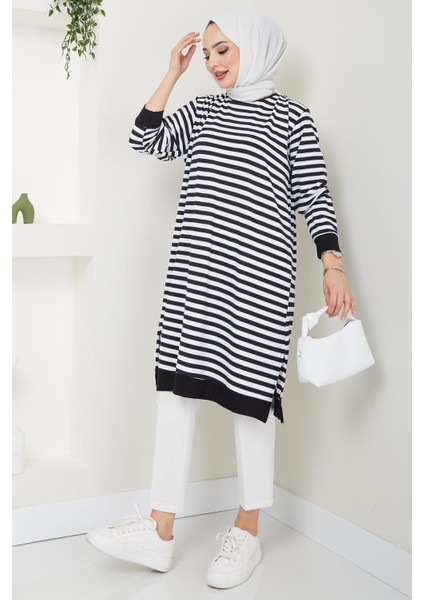 Çizgili Penye Tunik Siyah HM2418