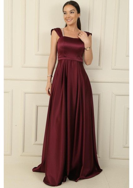 Askılı Taş Detaylı Kare Yaka Astarlı Uzun Saten Elbise fiyatları