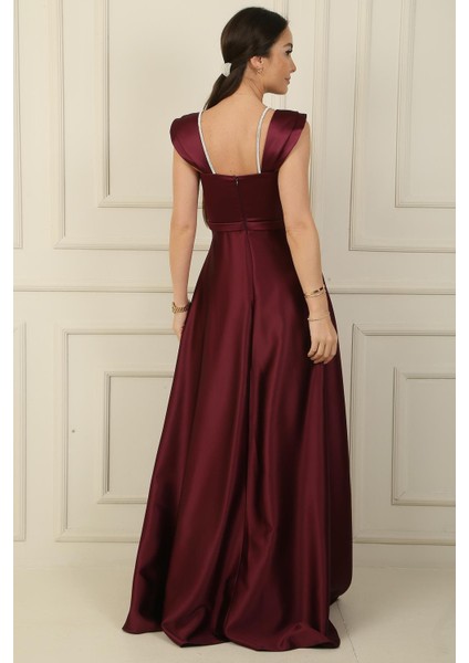 Askılı Taş Detaylı Kare Yaka Astarlı Uzun Saten Elbise fırsatları