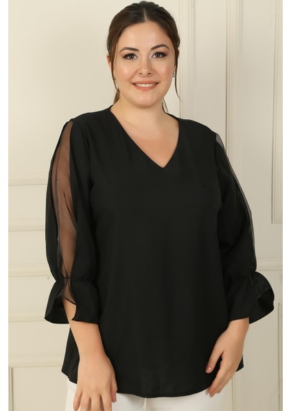 V Yaka Yarı Organze Krep B.b. Bluz