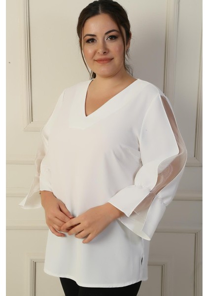 V Yaka Yarı Organze Krep B.b. Bluz