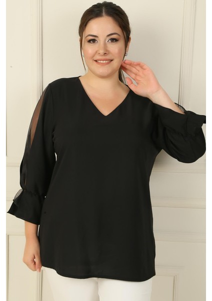 V Yaka Yarı Organze Krep B.b. Bluz