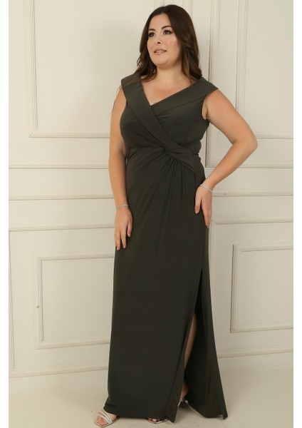 Kruvaze Yaka Önü Düğüm Detaylı Astarlı Yırtmaçlı Büyük Beden Likralı Uzun Elbise fiyatları