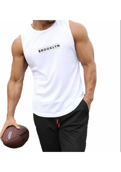 Özel Tasarım Brooklyn Baskılı Slim Fit %100 Pamuk Kolsuz Gym Erkek T-Shırt