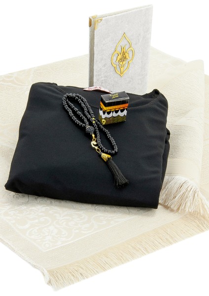 Pratik Başörtülü Tek Parça Namaz Elbisesi ve Seccade Seti Siyah modelleri