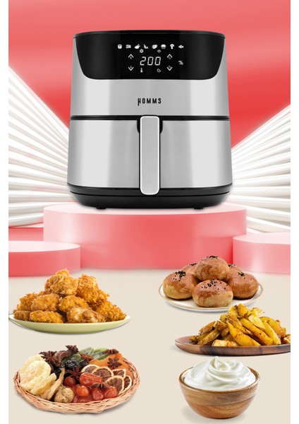 H40 2000 Watt Yüksek Güç 6,4 Litre Inox Geniş Xxl Dokunmatik Airfryer Yağsız Sıcak Hava Fritözü