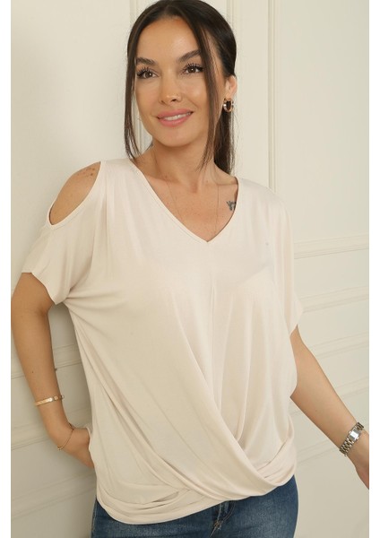 V Yaka Omuzları Açık Önü Düğümlü Kısa Yarasa Kol Viskon Bluz fiyatları