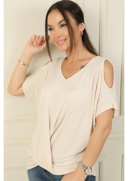 V Yaka Omuzları Açık Önü Düğümlü Kısa Yarasa Kol Viskon Bluz modelleri