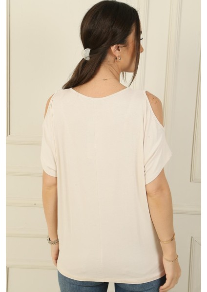 V Yaka Omuzları Açık Önü Düğümlü Kısa Yarasa Kol Viskon Bluz fırsatları