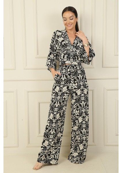 Ön Arka V Yaka Crop Beli Lastikli Cepli Palazzo Pantolon Çiçekli 2'li Takım