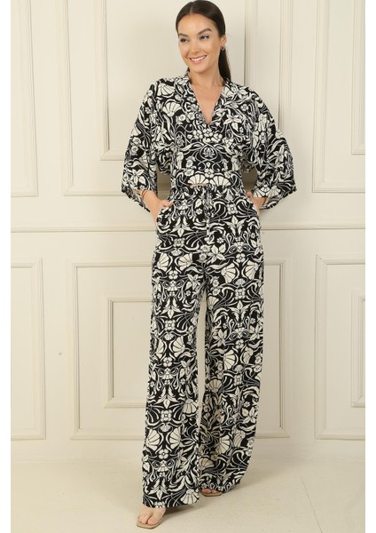 Ön Arka V Yaka Crop Beli Lastikli Cepli Palazzo Pantolon Çiçekli 2'li Takım fiyatları